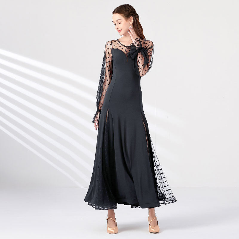 Black Ballroom Dress Polka Dot Mesh Bishop Sleeve Standard Dance Dress in Black, front view