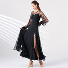 Black Ballroom Dress Polka Dot Mesh Bishop Sleeve Standard Dance Dress in Black, skirt sweep