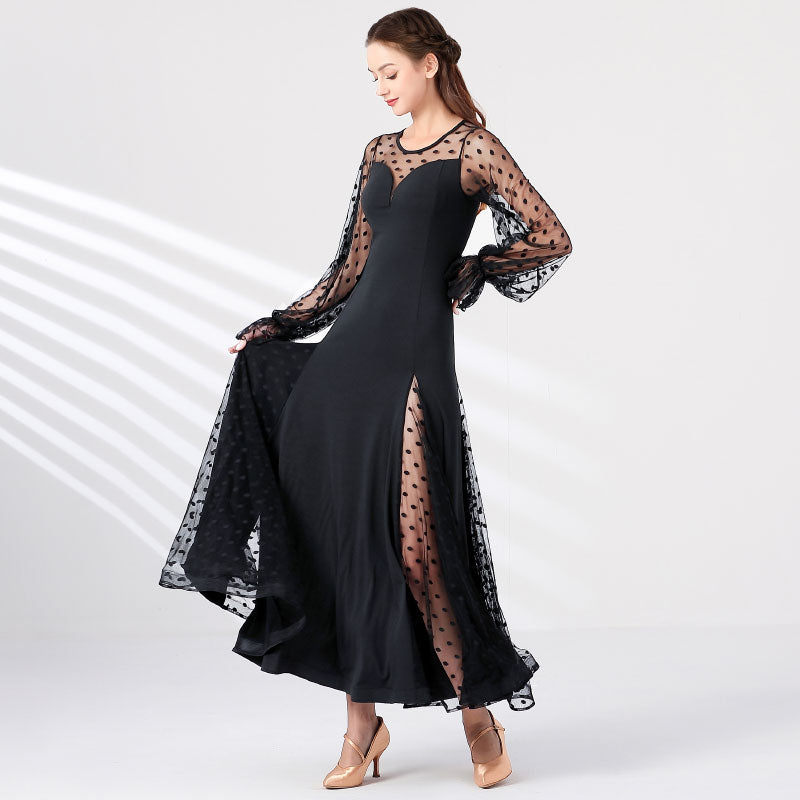 Black Ballroom Dress Polka Dot Mesh Bishop Sleeve Standard Dance Dress in Black, skirt sweep