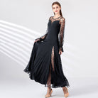 Black Ballroom Dress Polka Dot Mesh Bishop Sleeve Standard Dance Dress in Black, side view