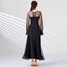 Black Ballroom Dress Polka Dot Mesh Bishop Sleeve Standard Dance Dress in Black, back view