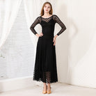 Black Ballroom Dress Lace Overlay Long Sleeve Smooth Practice Dress in Black, front view