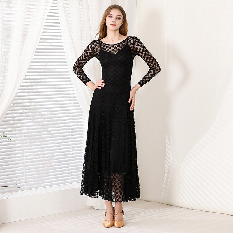 Black Ballroom Dress Lace Overlay Long Sleeve Smooth Practice Dress in Black, front view