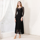Black Ballroom Dress Lace Overlay Long Sleeve Smooth Practice Dress in Black, front view