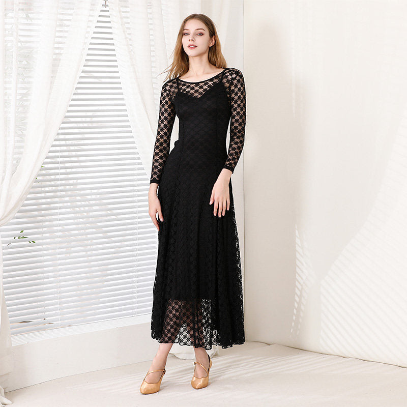 Black Ballroom Dress Lace Overlay Long Sleeve Smooth Practice Dress in Black, front view
