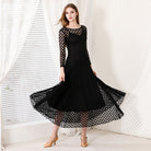 Black Ballroom Dress Lace Overlay Long Sleeve Smooth Practice Dress in Black, skirt sweep
