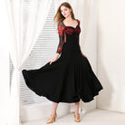 Ballroom Dance Dress Floral Mesh Bodice Sweetheart Big Swing Dress in Red Floral, front view