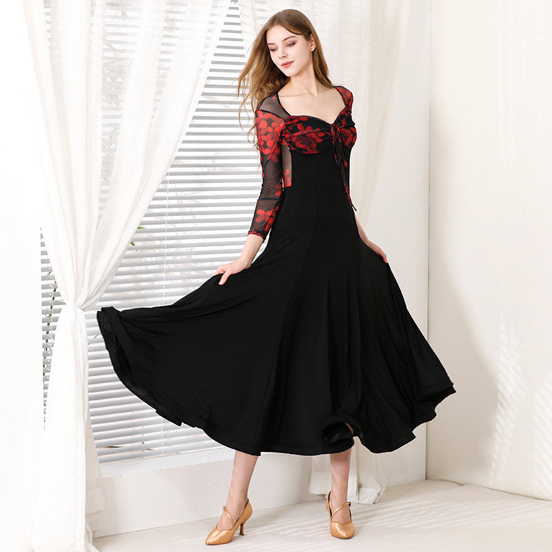 Ballroom Dance Dress Floral Mesh Bodice Sweetheart Big Swing Dress in Red Floral, front view