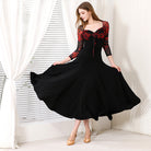 Ballroom Dance Dress Floral Mesh Bodice Sweetheart Big Swing Dress in Red Floral, skirt sweep