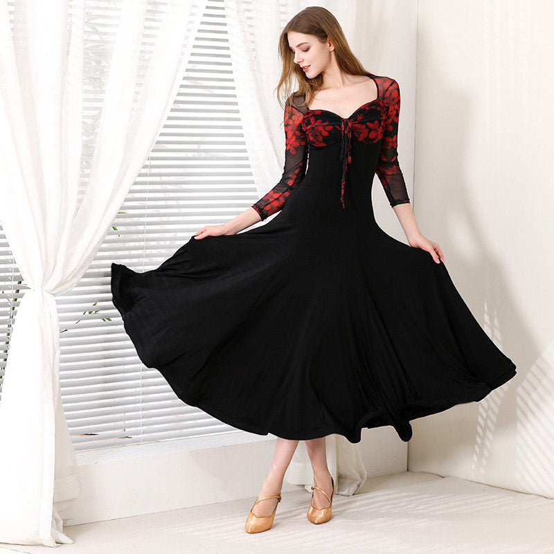 Ballroom Dance Dress Floral Mesh Bodice Sweetheart Big Swing Dress in Red Floral, skirt sweep
