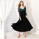 Ballroom Dance Dress Floral Mesh Bodice Sweetheart Big Swing Dress in Green Floral, front view