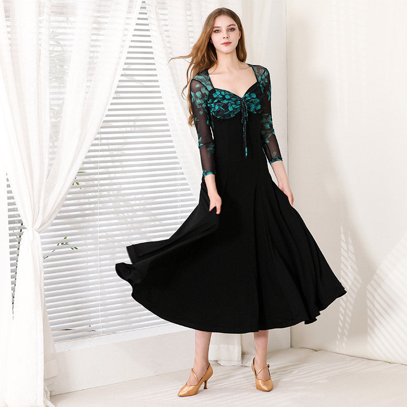Ballroom Dance Dress Floral Mesh Bodice Sweetheart Big Swing Dress in Green Floral, front view
