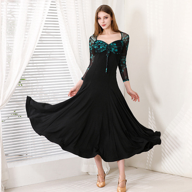 Ballroom Dance Dress Floral Mesh Bodice Sweetheart Big Swing Dress in Green Floral, skirt sweep