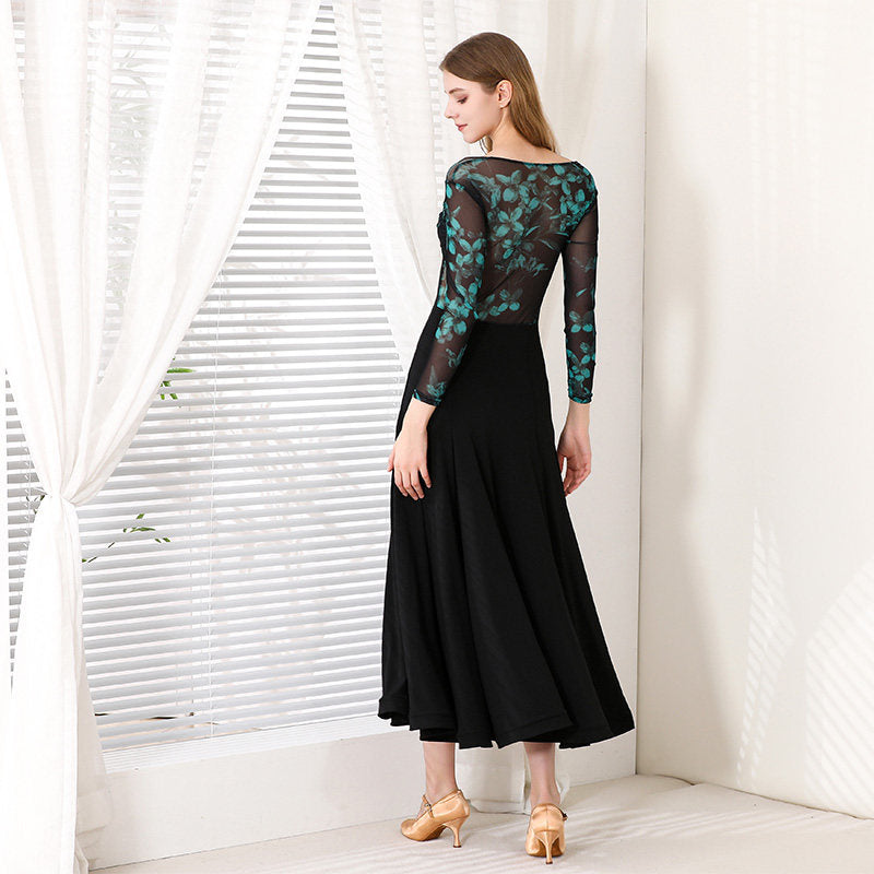 Ballroom Dance Dress Floral Mesh Bodice Sweetheart Big Swing Dress in Green Floral, back view
