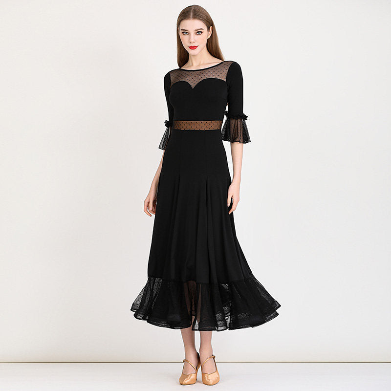 Ballroom Dance Dress Mesh Waist Sweetheart Bell Cuff Standard Dress in Black, front view