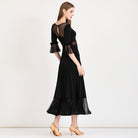 Ballroom Dance Dress Mesh Waist Sweetheart Bell Cuff Standard Dress in Black, back view