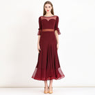 Ballroom Dance Dress Mesh Waist Sweetheart Bell Cuff Standard Dress in Burgundy, front view