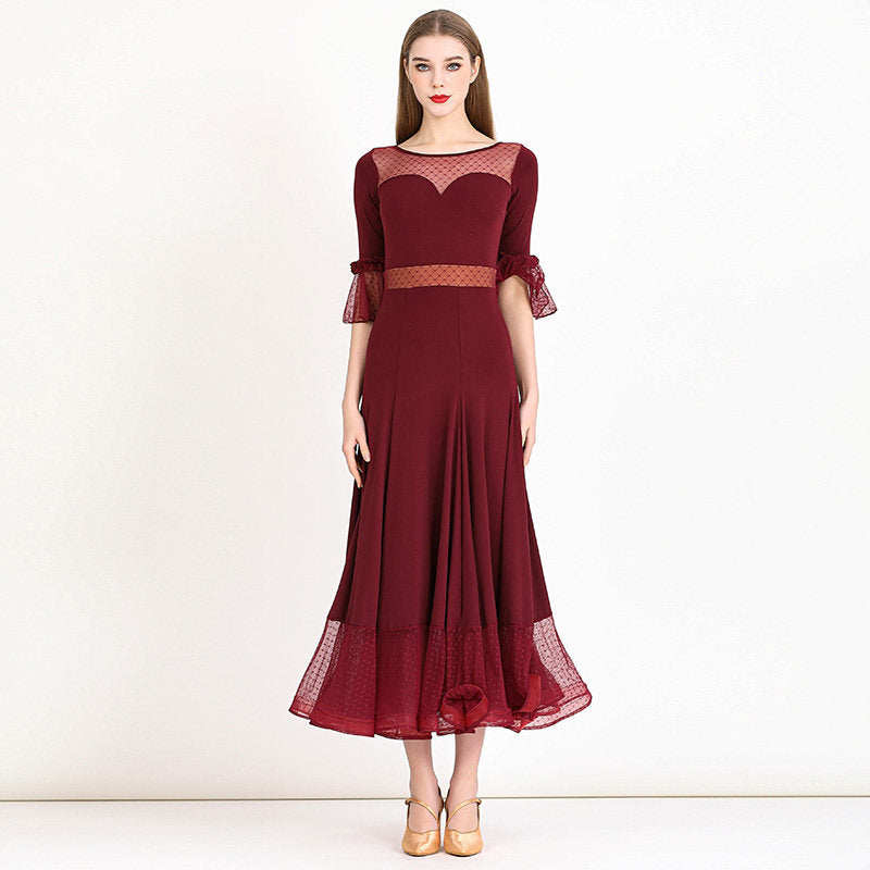 Ballroom Dance Dress Mesh Waist Sweetheart Bell Cuff Standard Dress in Burgundy, front view