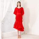 Red Ballroom Dress Cape Sleeve Cowl Back Tiered Mermaid Dance Dress in Red, front view