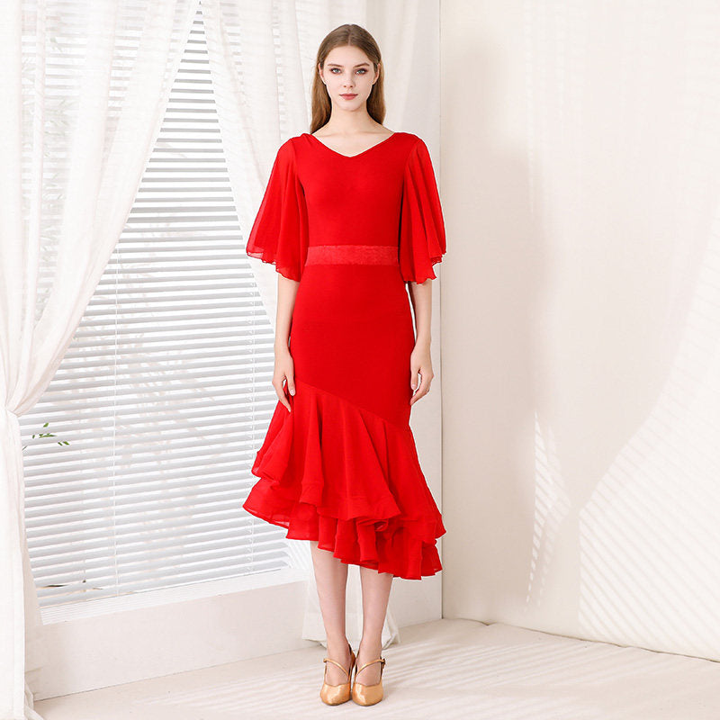 Red Ballroom Dress Cape Sleeve Cowl Back Tiered Mermaid Dance Dress in Red, front view