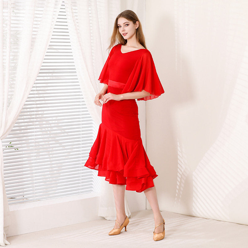 Red Ballroom Dress Cape Sleeve Cowl Back Tiered Mermaid Dance Dress in Red, side view