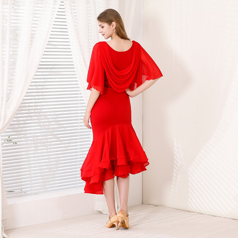 Red Ballroom Dress Cape Sleeve Cowl Back Tiered Mermaid Dance Dress in Red, back view