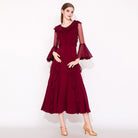 Burgundy Ballroom Dress Ruffle Collar Bell Sleeve Smooth Dance Dress in Burgundy, front view