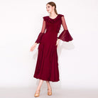 Burgundy Ballroom Dress Ruffle Collar Bell Sleeve Smooth Dance Dress in Burgundy, side view