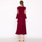 Burgundy Ballroom Dress Ruffle Collar Bell Sleeve Smooth Dance Dress in Burgundy, back view