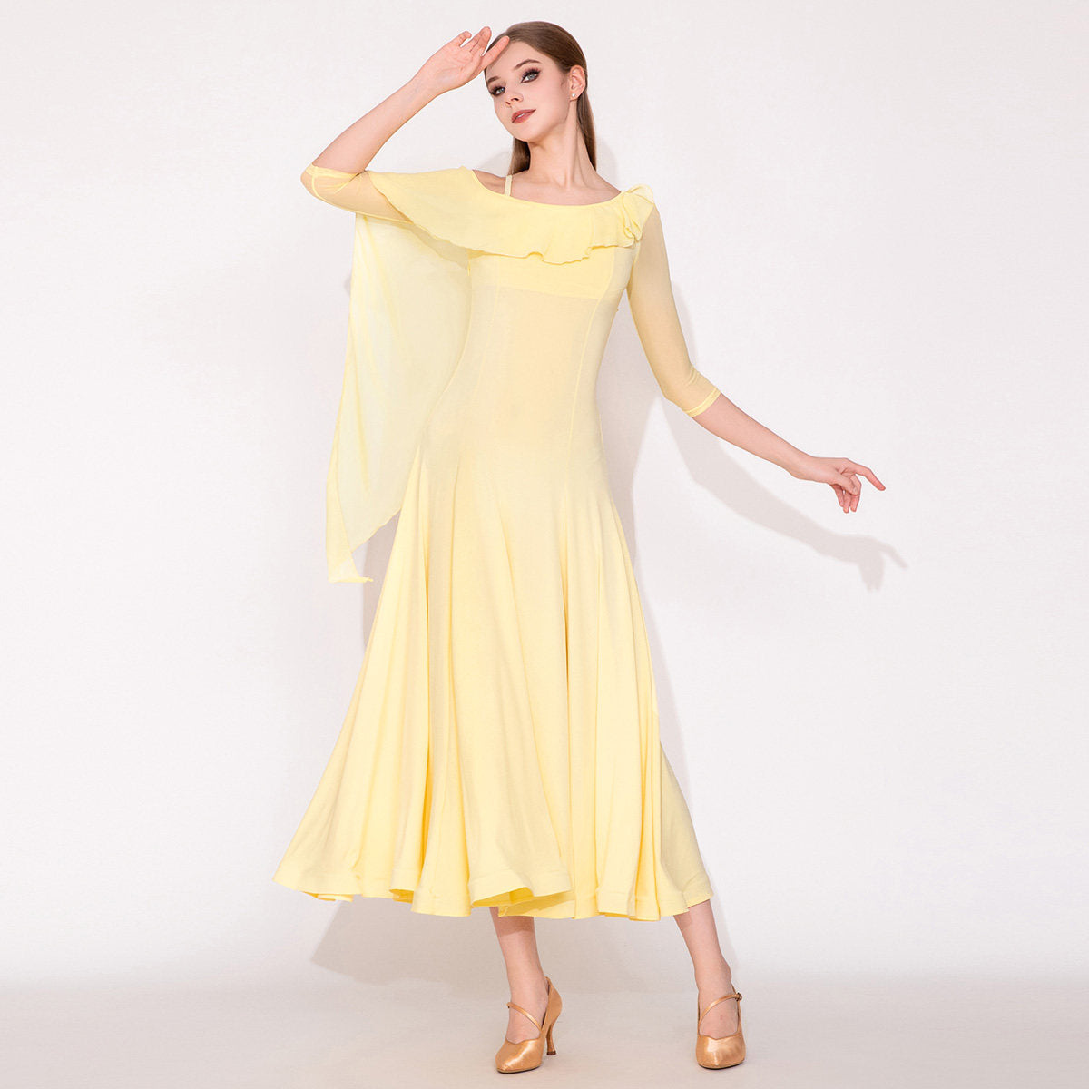 Ballroom Dance Dress One Shoulder Chiffon Cape Ruffle Swing Dress in Light Yellow, front view