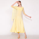 Ballroom Dance Dress One Shoulder Chiffon Cape Ruffle Swing Dress in Light Yellow, front view