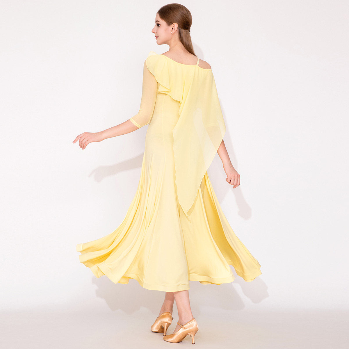 Ballroom Dance Dress One Shoulder Chiffon Cape Ruffle Swing Dress in Light Yellow, back view