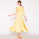 Ballroom Dance Dress One Shoulder Chiffon Cape Ruffle Swing Dress in Light Yellow, back view