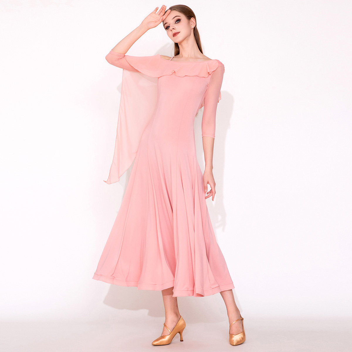 Ballroom Dance Dress One Shoulder Chiffon Cape Ruffle Swing Dress in Pink, front view