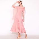Ballroom Dance Dress One Shoulder Chiffon Cape Ruffle Swing Dress in Pink, front view