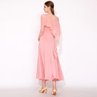 Ballroom Dance Dress One Shoulder Chiffon Cape Ruffle Swing Dress in Pink, back view