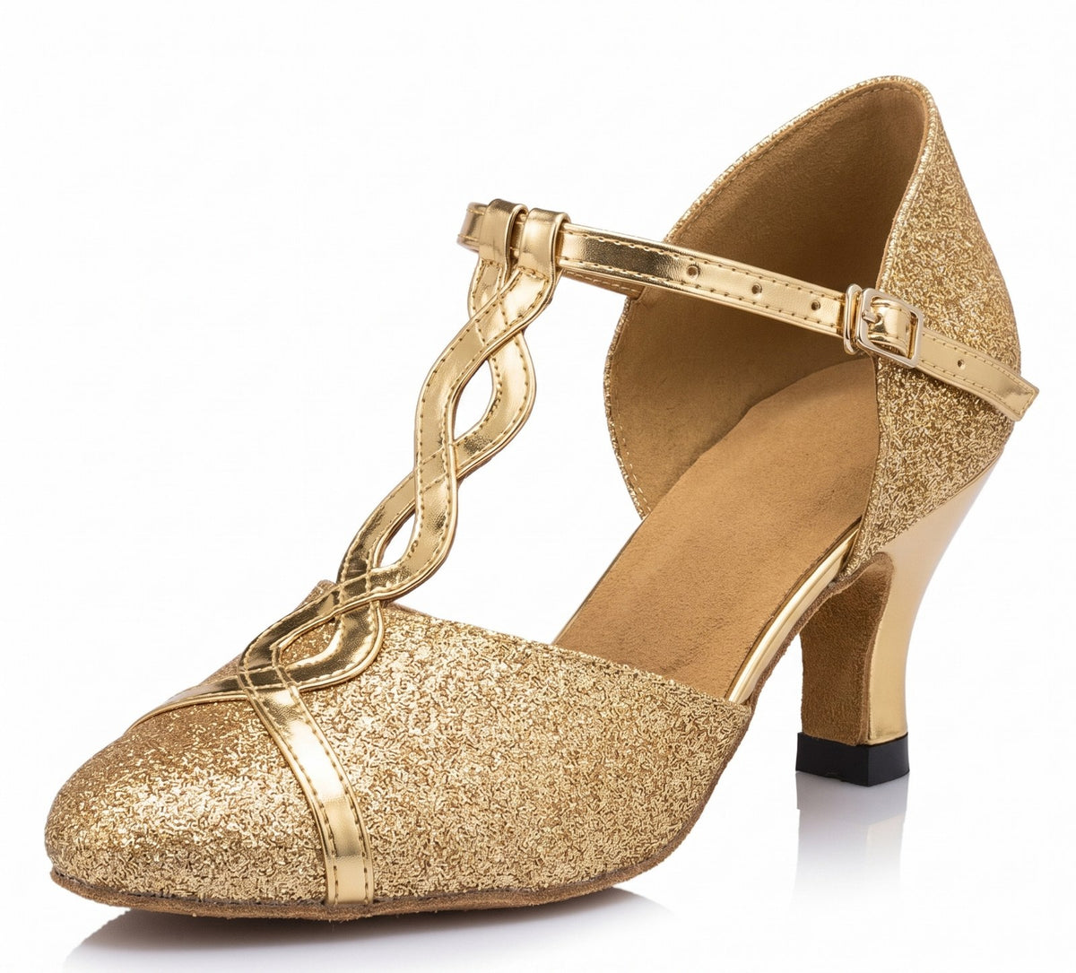 Gold glitter closed toe ballroom dance shoe for women side view, twisted metallic T-strap, buckled ankle strap and gold flared heel
