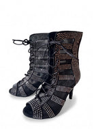 Black rhinestone mesh dance boots for women, front lace-up open toe heels dance booties with rhinestone bands and a stiletto heel