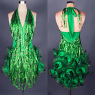 Green sequin fringe latin dance dress front view with deep V neckline and curled organza rosette hem