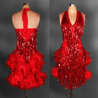Red sequin fringe latin dance dress with halter neck and red rosette ruffle skirt