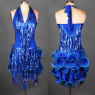 Blue sequin fringe latin dance dress with halter neck and blue rosette ruffle skirt