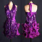 Purple sequin fringe latin dance dress with halter neck and purple rosette ruffle skirt