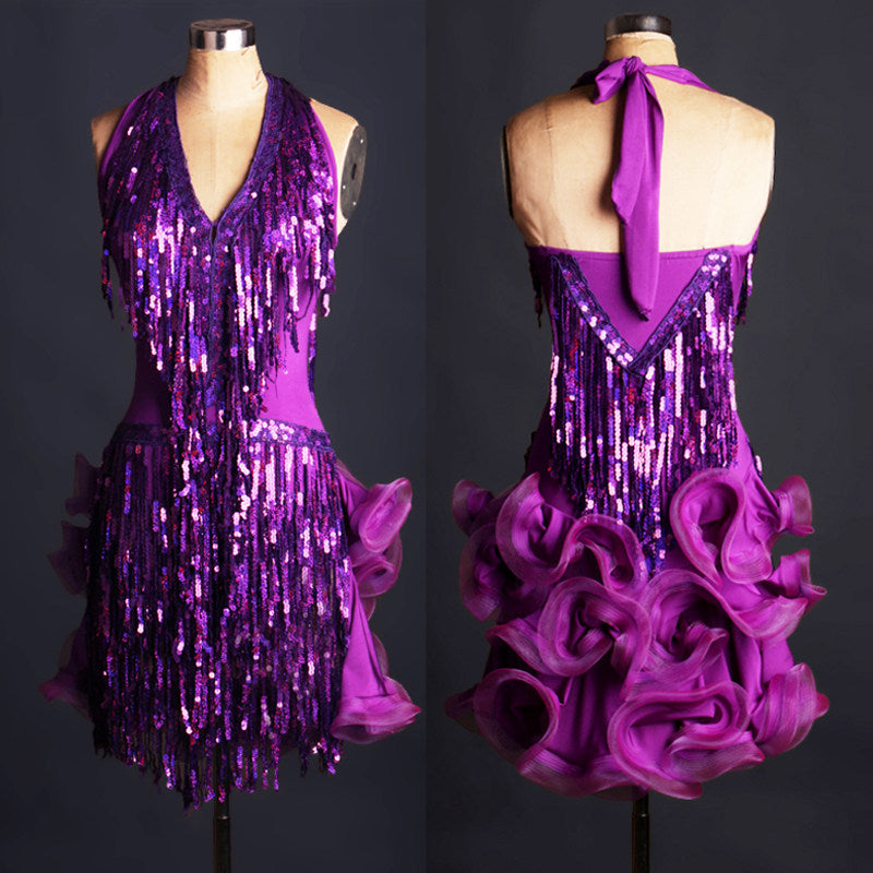Purple sequin fringe latin dance dress with halter neck and purple rosette ruffle skirt