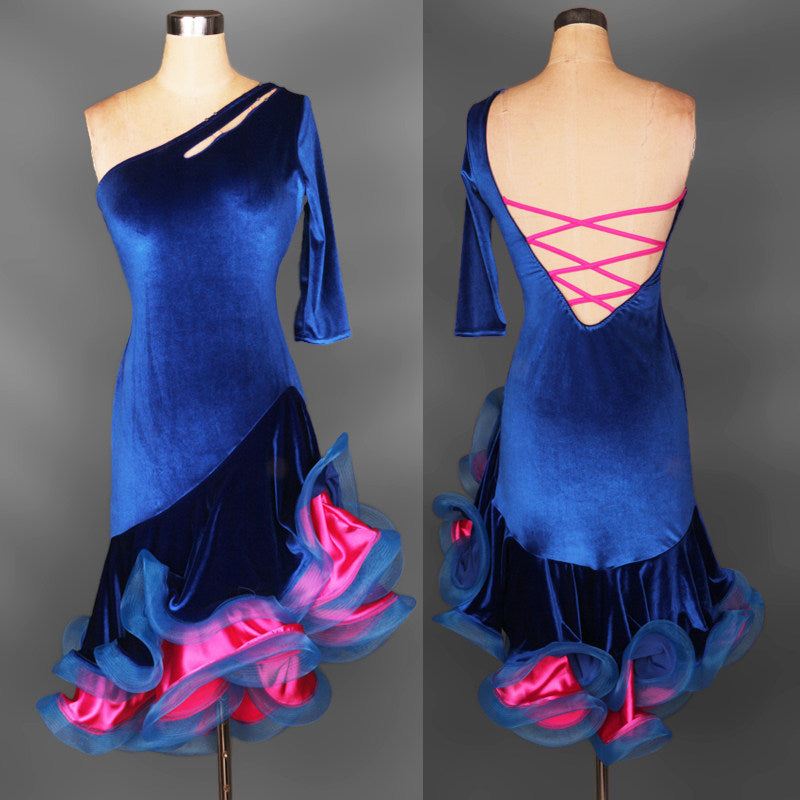 Purple velvet latin dance dress back view showing the pink ribbon lacing across the open back