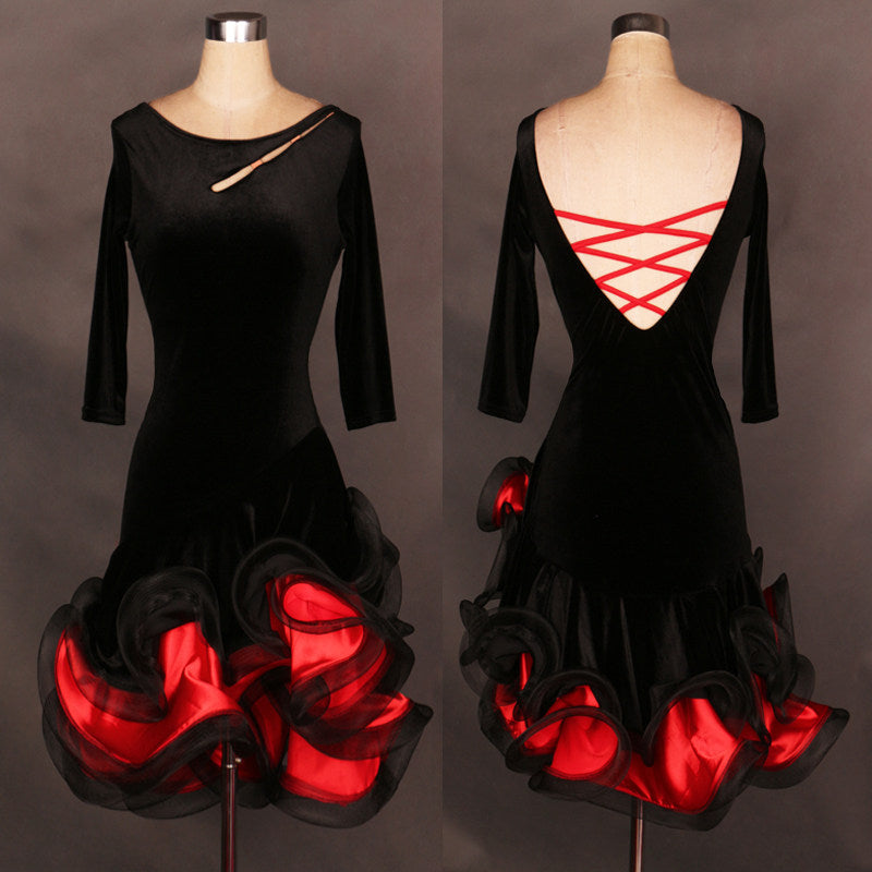 Blue velvet latin dance dress with slashed shoulder and blue ruffle hem