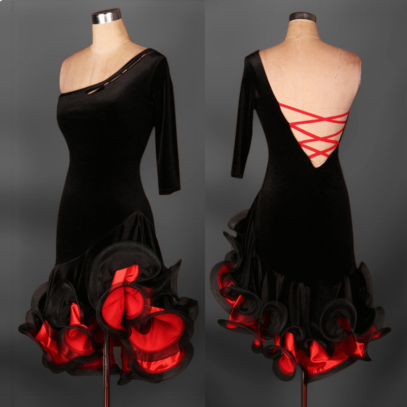 Black velvet latin dance dress with red curled organza ruffle hem