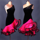 Black one shoulder latin dance dress with rose red curled organza ruffle skirt