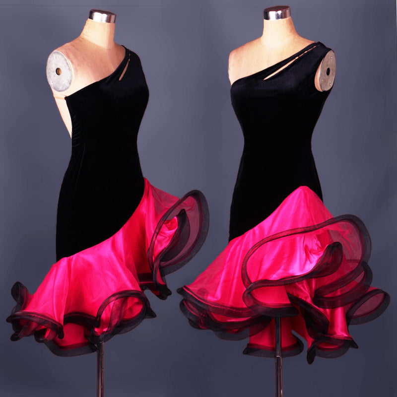 Black one shoulder latin dance dress with rose red curled organza ruffle skirt
