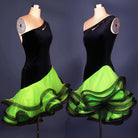 Black one shoulder latin dance dress with green curled organza ruffle skirt