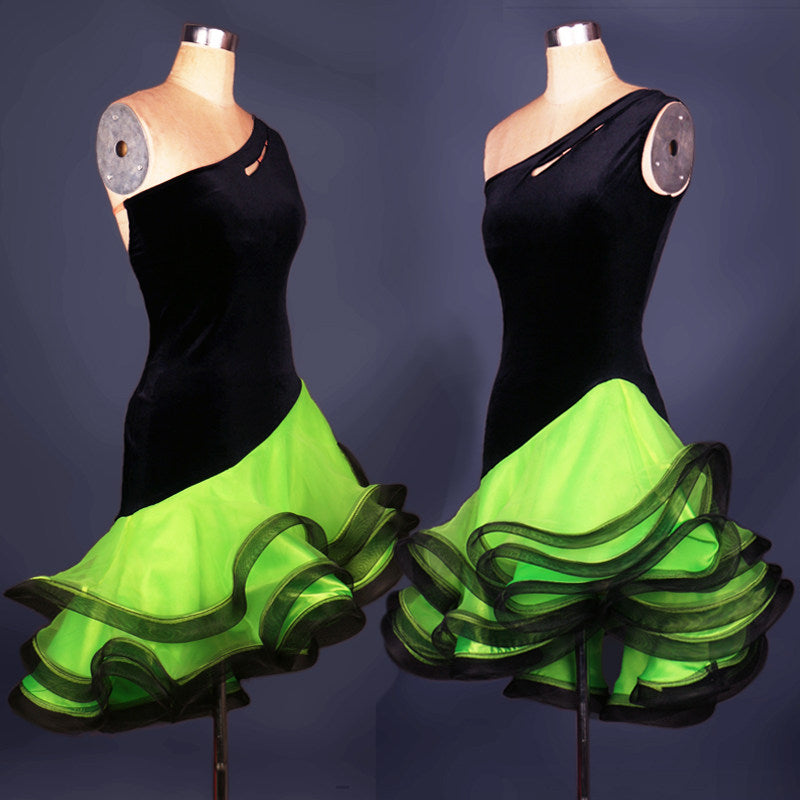 Black one shoulder latin dance dress with green curled organza ruffle skirt